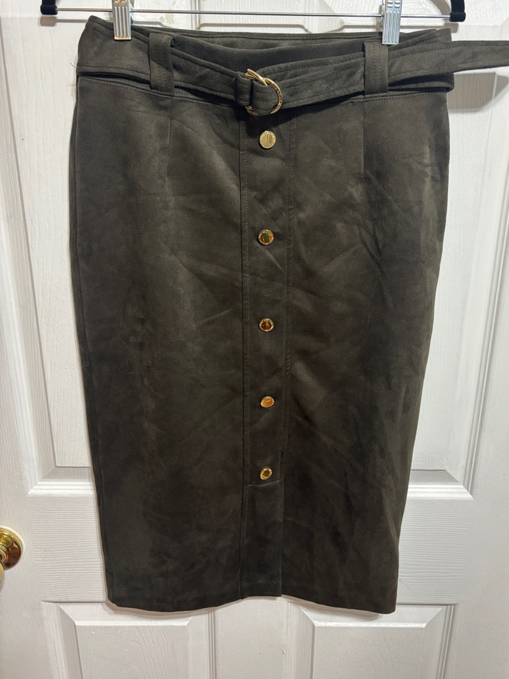 Marc New York Button-Front Faux Suede Pencil Skirt with Belt - Olive